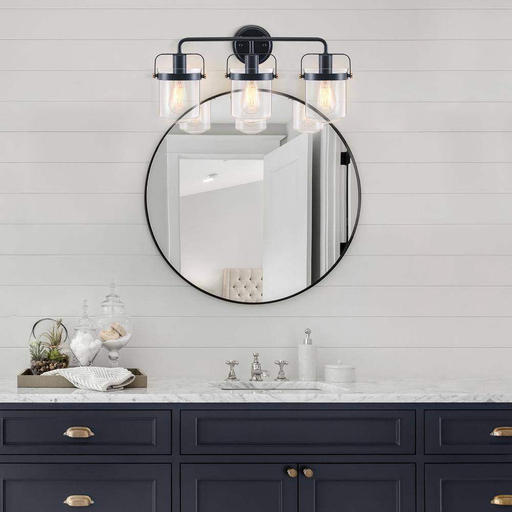 Merra 22 in. 3-Light Matte Black Vanity Light with Clear Glass Shade
