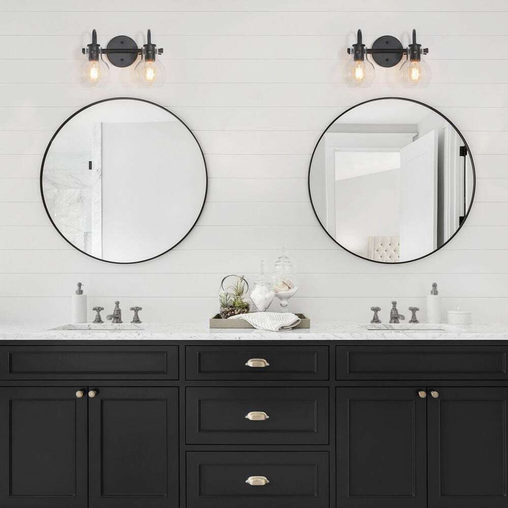 LNC 13 in. 2-Light Modern Black Arched Mirror Vanity Light w/ Globe Glass Shades