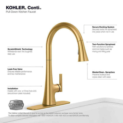 KOHLER Conti Single Handle Pull Down Sprayer Kitchen Faucet Brushed Brass