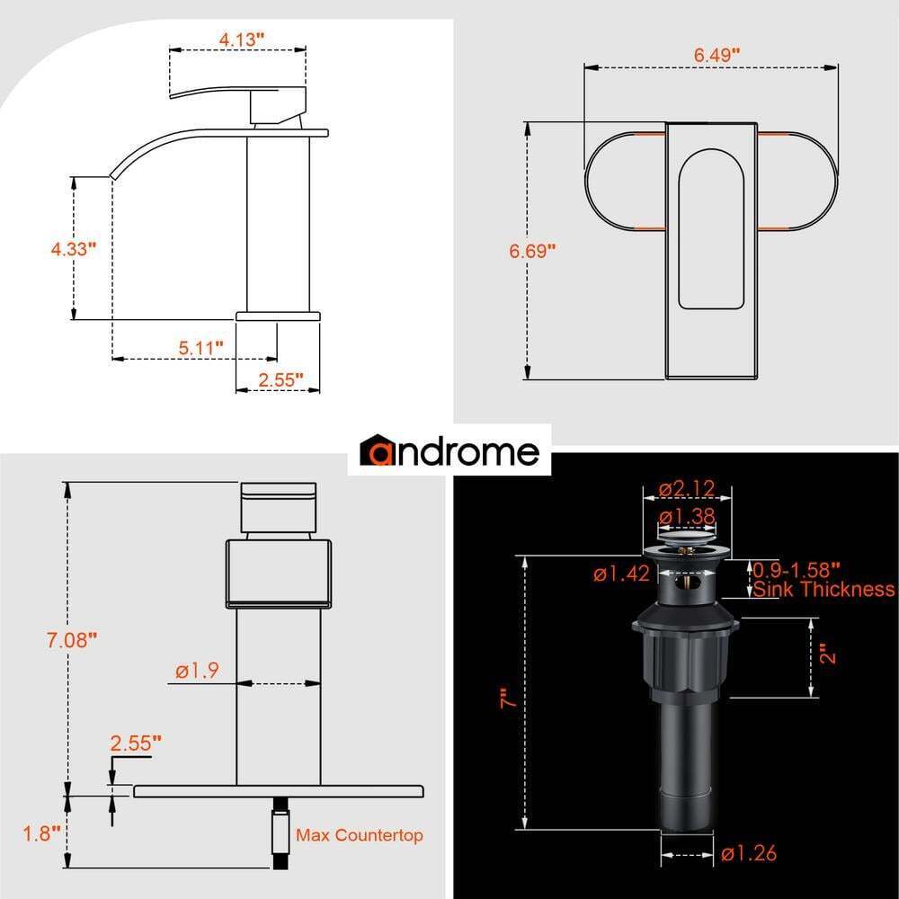 androme Single Hole Handle Waterfall Bathroom Faucet Bathroom Sink Faucet Black