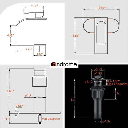 androme Single Hole Handle Waterfall Bathroom Faucet Bathroom Sink Faucet Black