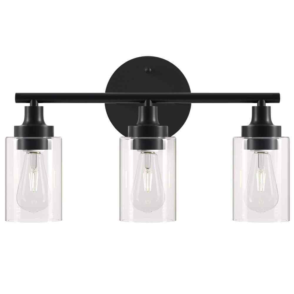 Merra 17 in. 3-Light Modern Matte Black Vanity-Light with Clear Glass Shade