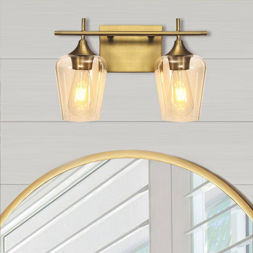 RRTYO Fritts 13.8 in. 2-Light Gold Modern Vanity Light with Clear Glass Shade