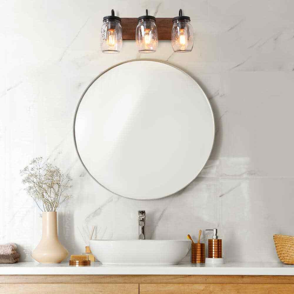 LNC Vanity Light 3-Light Black w/ Brown Faux Wood Accent Clear Mason Jar Shades