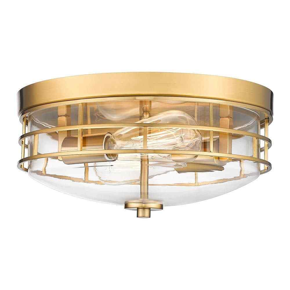 JAZAVA 13 in. 2-Light Brushed Gold Flush Mount w/ Clear Glass Shade