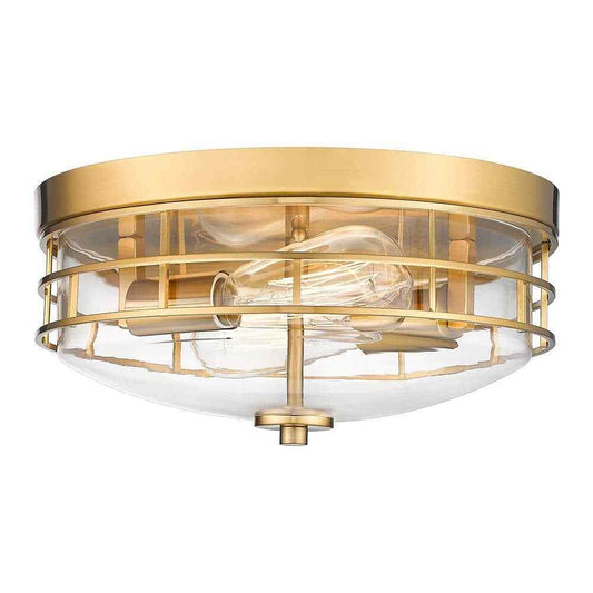 JAZAVA 13 in. 2-Light Brushed Gold Flush Mount w/ Clear Glass Shade