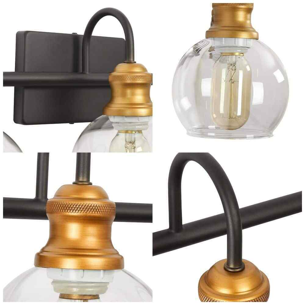 LNC 5-Light Aged Brass Vanity Light w/ Black Linear Frame and Clear Glass Globes