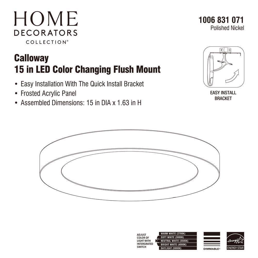 Home Decorators Calloway 15 in. Polished Nickel Integrated LED 5CCT Flush Mount