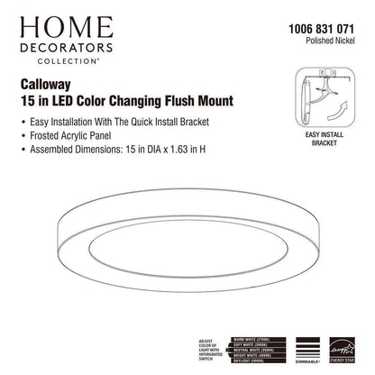 Home Decorators Calloway 15 in. Polished Nickel Integrated LED 5CCT Flush Mount