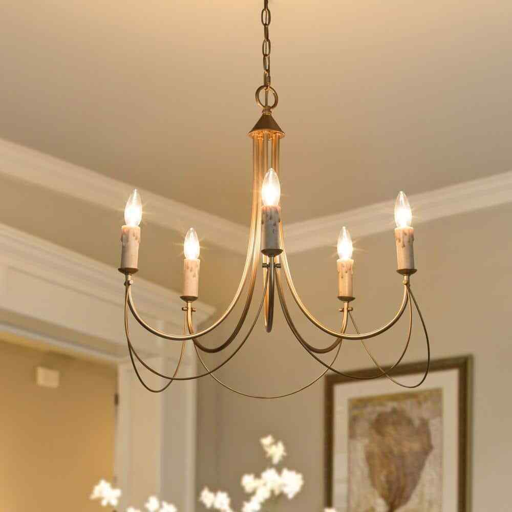 LNC Modern Satin Gold Farmhouse 5-Light Chandelier Candlestick Ceiling Light