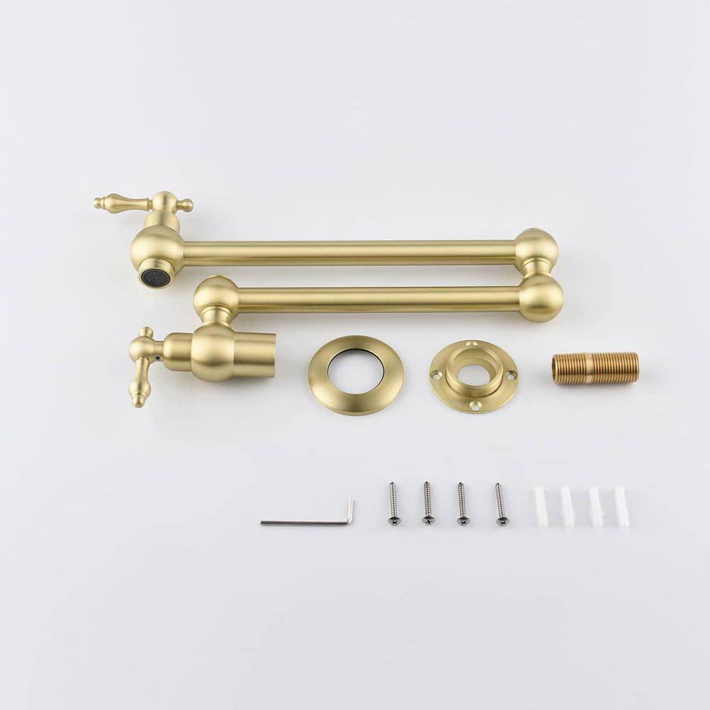 FLG Wall Mounted Pot Filler Double Handle Kitchen Sink Faucet Brushed Gold