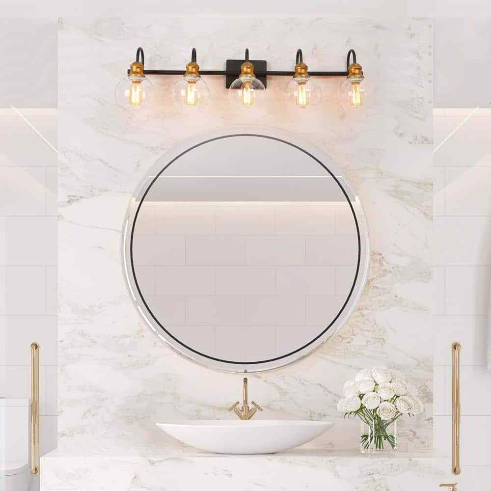 LNC 5-Light Aged Brass Vanity Light w/ Black Linear Frame and Clear Glass Globes