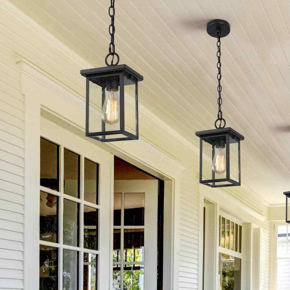 LNC Matte Black Rustic Outdoor Hanging Lantern Square Outdoor Pendant Light