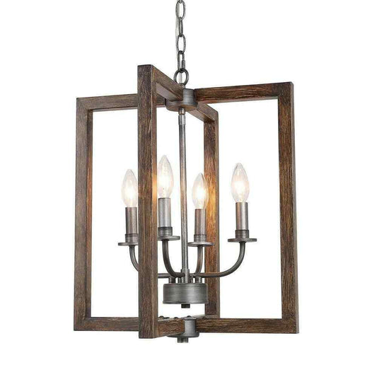 LNC Brown Caged Chandelier Faux Wood 4-Light Brushed Silver