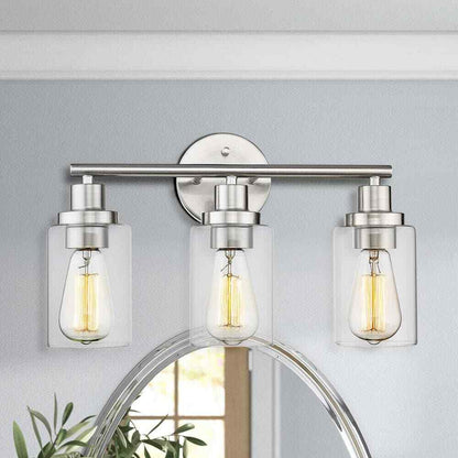 JAZAVA 3-Light Brushed Nickel Bathroom Vanity Light w/ Clear Shade Bathroom