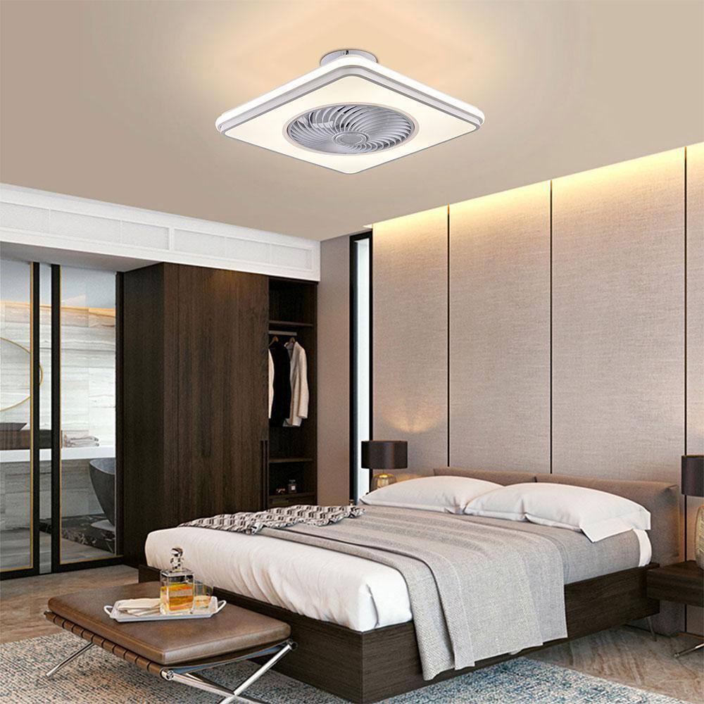 Modern White Square Shape LED Indoor Enclosed Ceiling Fan w/ Remote Control