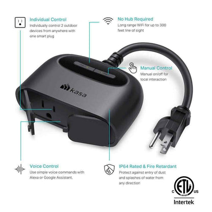 Kasa TP-Link Kasa Smart Home 2-Outlet Smart Outdoor Plug Black KP400