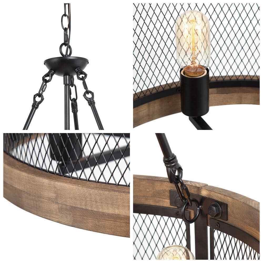 LNC Wood Drum Chandelier 5-Light Brown Candle Black Rustic Farmhouse Chandelier