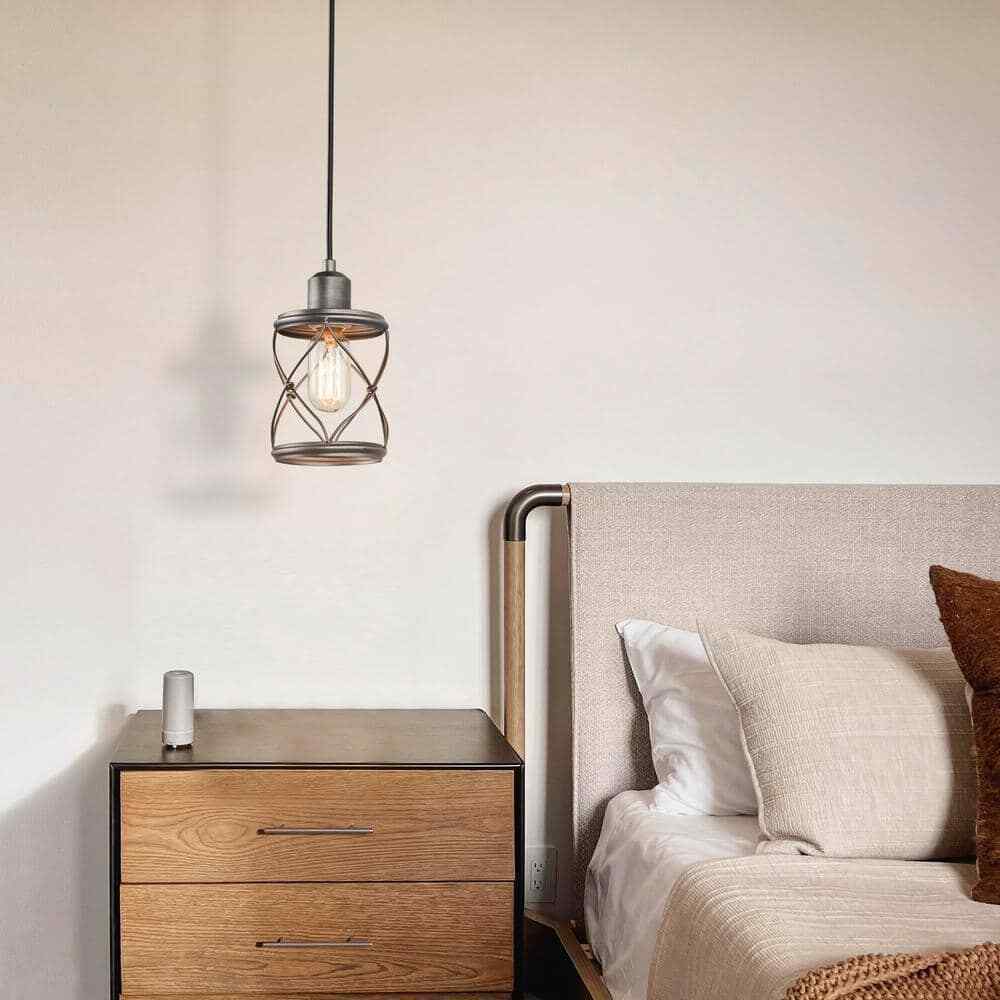 LNC Modern Farmhouse Gray Mini Pendant Light w/ Dark Pewter Drum Metal Wire Cage