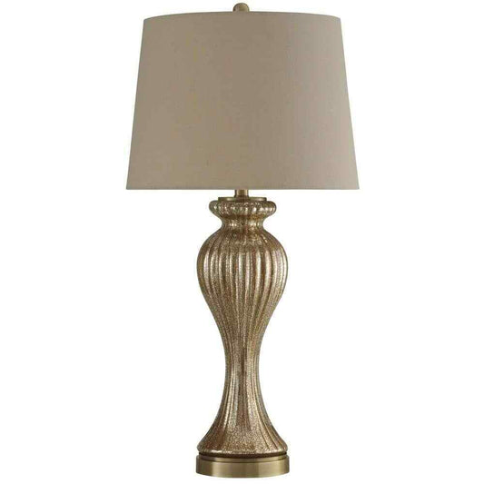 StyleCraft 32 in. Glimmer Bronze Table Lamp with Beige Hardback Fabric Shade
