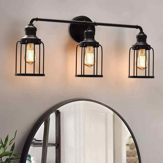 Cedar Hill 24 in. 3-Light Black Industrial Vanity with Metal Cage Wall Sconce