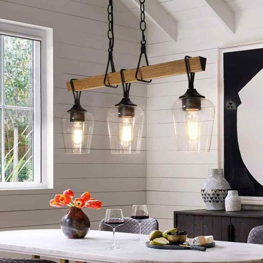 Uolfin Modern Black 25 in. 3-Light Chandelier w/ Painted Wood Accents