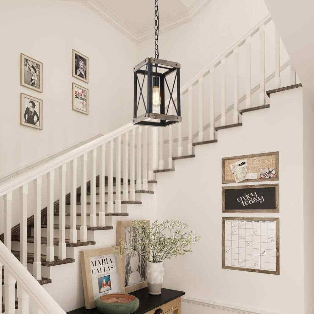 LNC Black Rustic Wood Cage Pendant Light