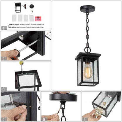 LNC Matte Black Rustic Outdoor Hanging Lantern Square Outdoor Pendant Light