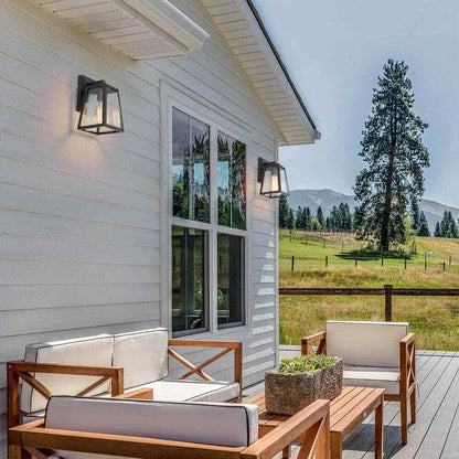 LNC Modern Matte Black Lantern Outdoor Wall Light w/ Seeded Glass Shade