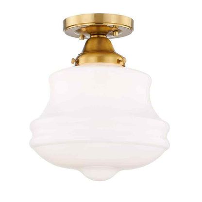 Home Decorators Schoolhouse 10 in. Aged Brass Semi Flush Mount Light Opal Glass