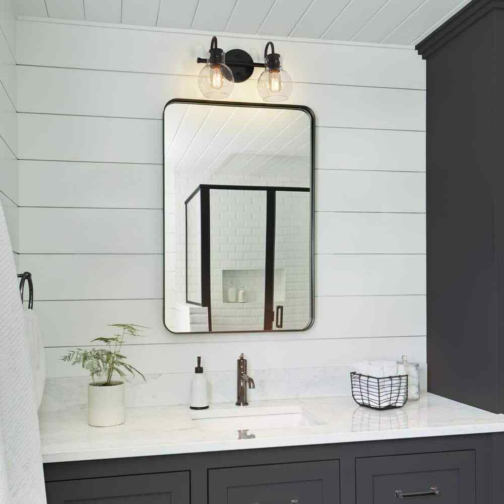 LNC 13 in. 2-Light Modern Black Arched Mirror Vanity Light w/ Globe Glass Shades