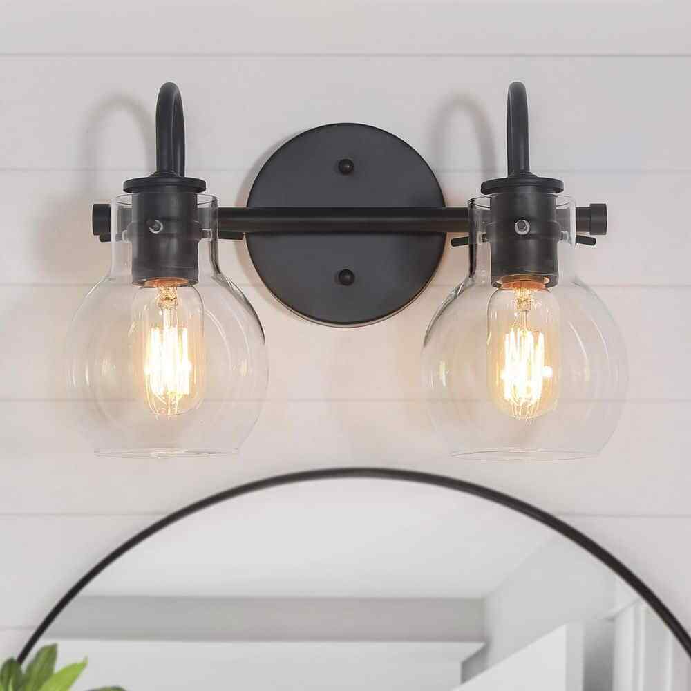 LNC 13 in. 2-Light Modern Black Arched Mirror Vanity Light w/ Globe Glass Shades