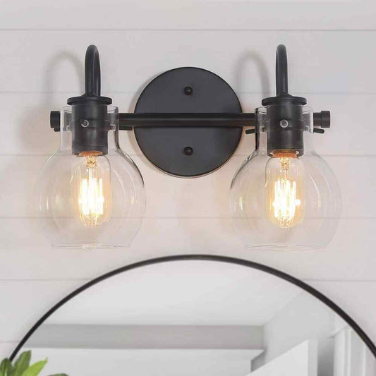 LNC 13 in. 2-Light Modern Black Arched Mirror Vanity Light w/ Globe Glass Shades