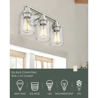 JAZAVA 3-Light Brushed Nickel Bathroom Vanity Light w/ Clear Shade Bathroom
