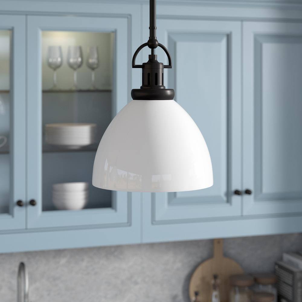 Meyer&Cross Rockwell 1-Light Blackened Bronze Pendant w/ White Milk Glass Shade