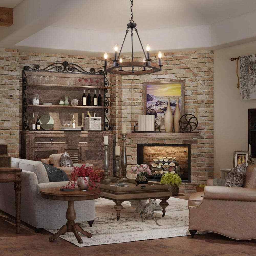 LNC Wagon Wheel Chandelier 6-Light Distressed Wood Island Light Rustic Bronze