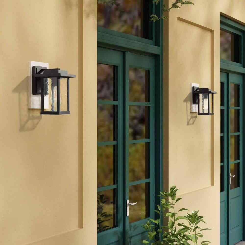 LNC Matte Black Outdoor Wall Lantern Sconce with Textured Glass Shade