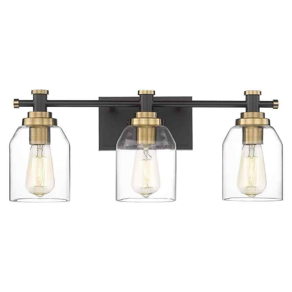 JAZAVA 21.3 in. 3 Light Black and Gold Indoor Vanity Light Wall Sconce Light