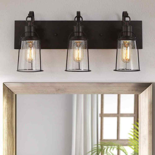 Uolfin Farmhouse Bronze Vanity Light Bathroom Wall Sconce w/ Glass Shades