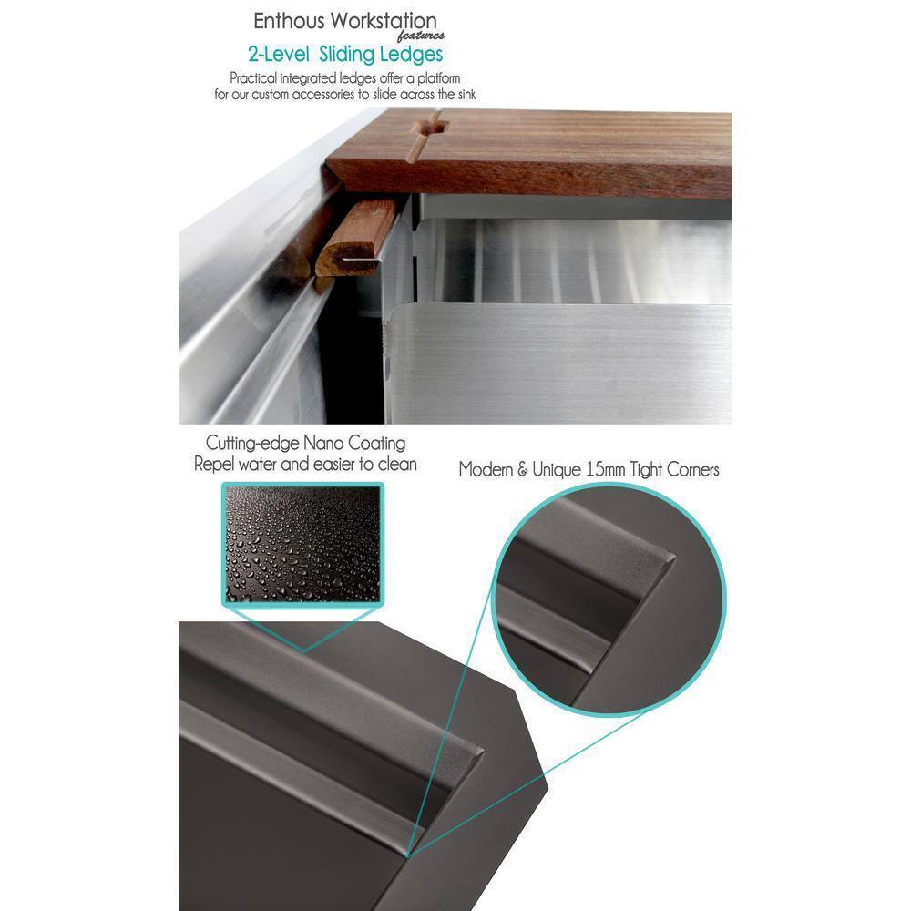 eModernDecor Workstation Undermount Stainless Steel 32 in. Kitchen Sink in Black