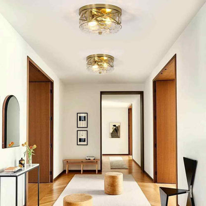 LamQee 12 in. 2-Light Brass Gold Flush Mount Water Ripple Glass Ceiling Light