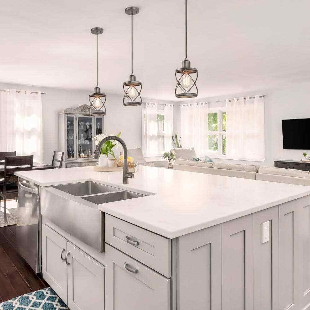 LNC Modern Farmhouse Gray Mini Pendant Light w/ Dark Pewter Drum Metal Wire Cage