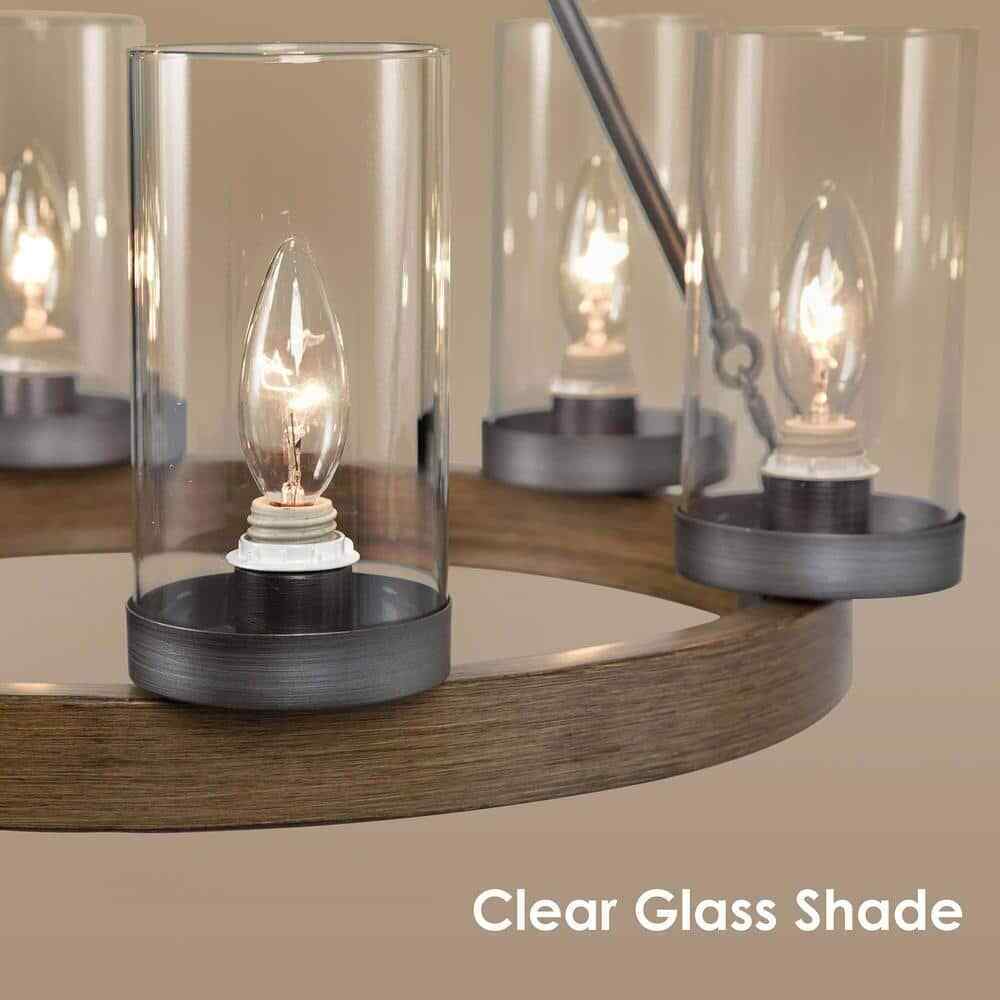 LNC Textured Brown Round Chandelier 6-Light Brushed Silver Wagon Wheel