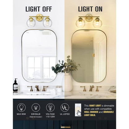 JAZAVA 15 in. 2-Light Gold Bathroom Over Mirror Vanity Light