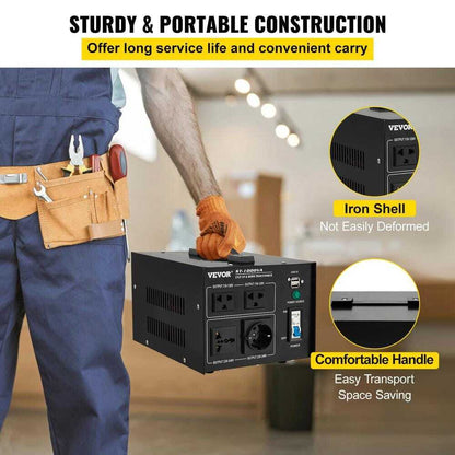 VEVOR Voltage Converter 1000-Watt 110-Volt/240-Volt US/EU Outlet USB Port