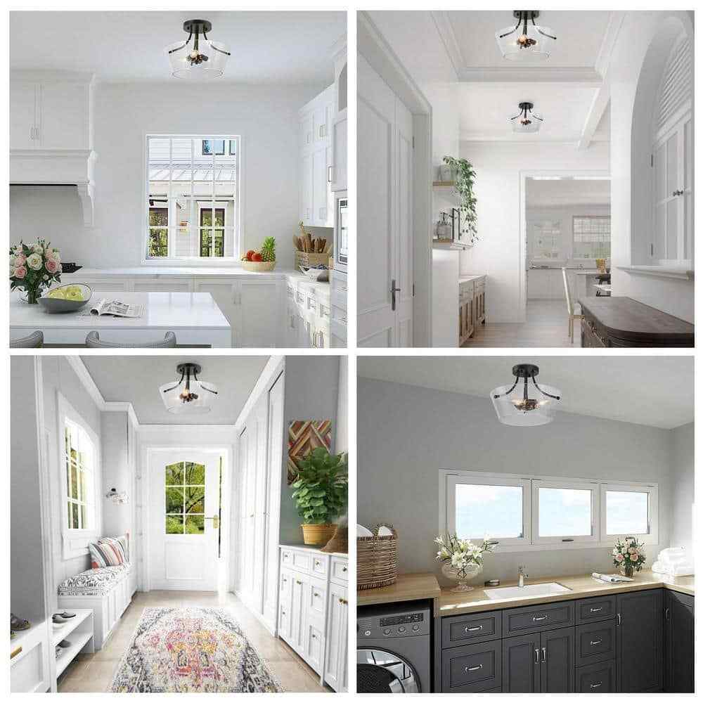 LNC Modern Black Farmhouse 3-Light Semi-Flush Mount Center-Bowl Ceiling Light