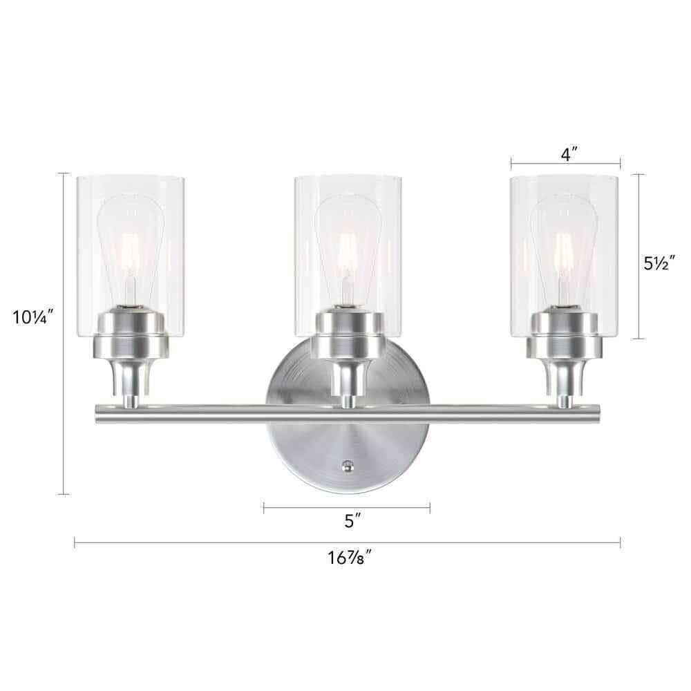 Merra 17 in. 3-Light Modern Brushed Nickel Vanity-Light with Clear Glass Shade