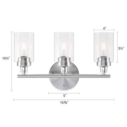 Merra 17 in. 3-Light Modern Brushed Nickel Vanity-Light with Clear Glass Shade