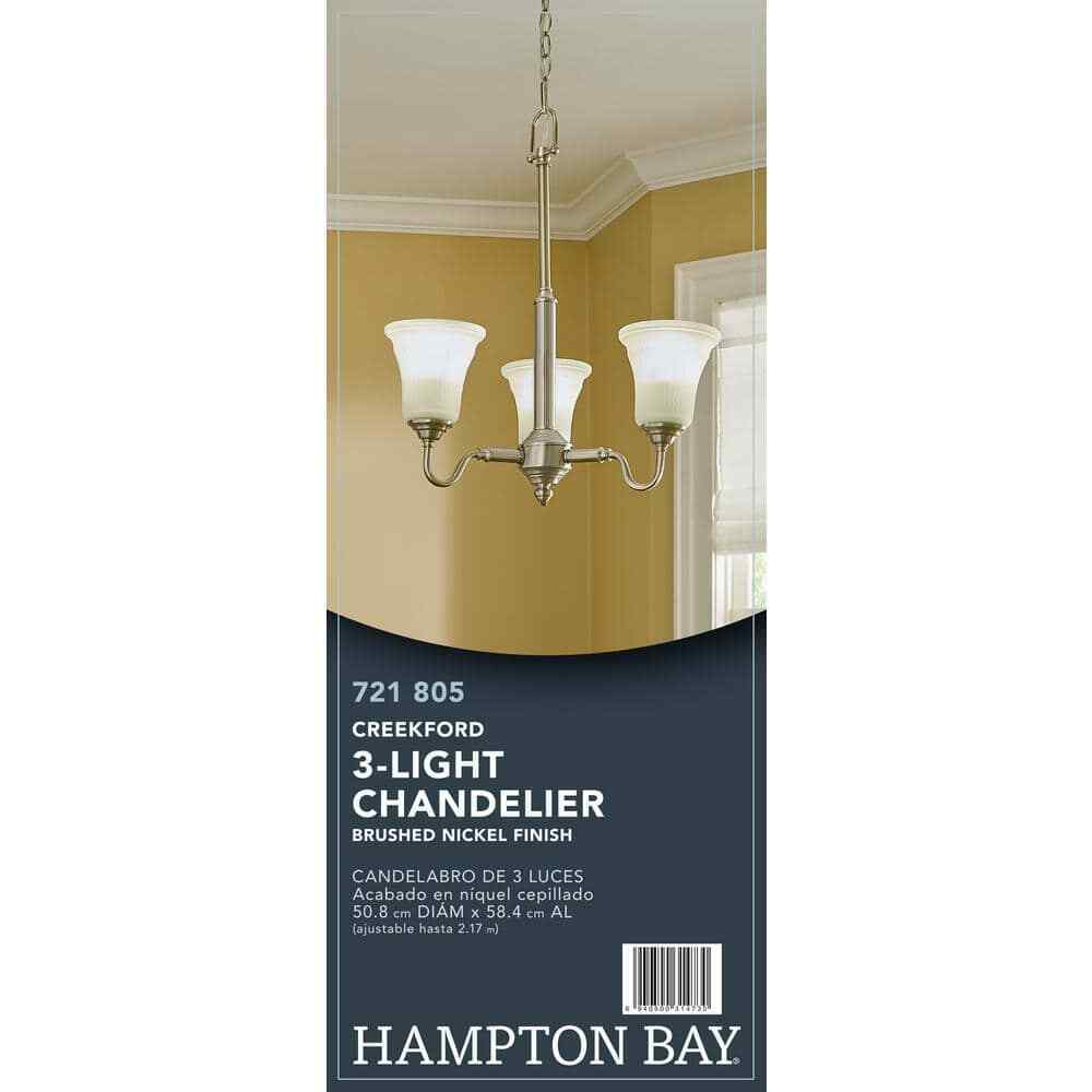 Hampton Bay Creekford 3-Light Brushed Nickel Chandelier w/ Frosted Glass Shades