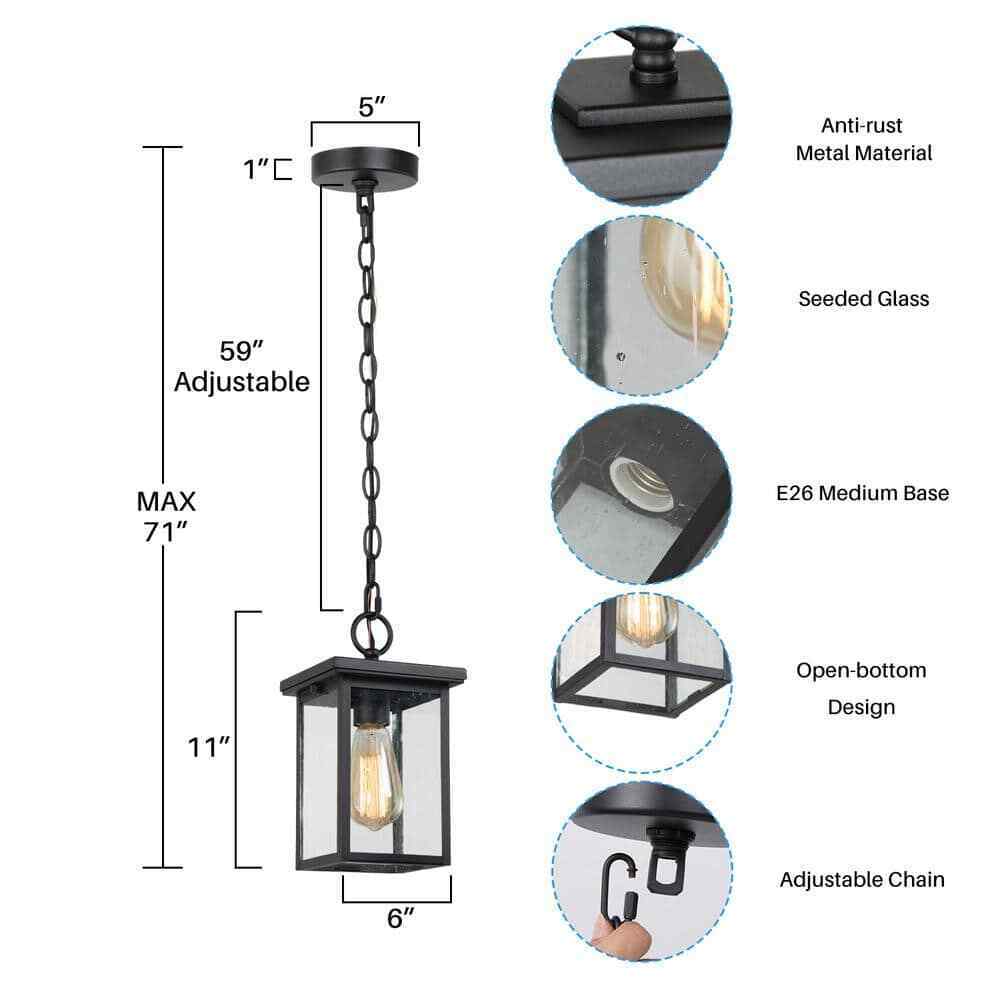 LNC Matte Black Rustic Outdoor Hanging Lantern Square Outdoor Pendant Light